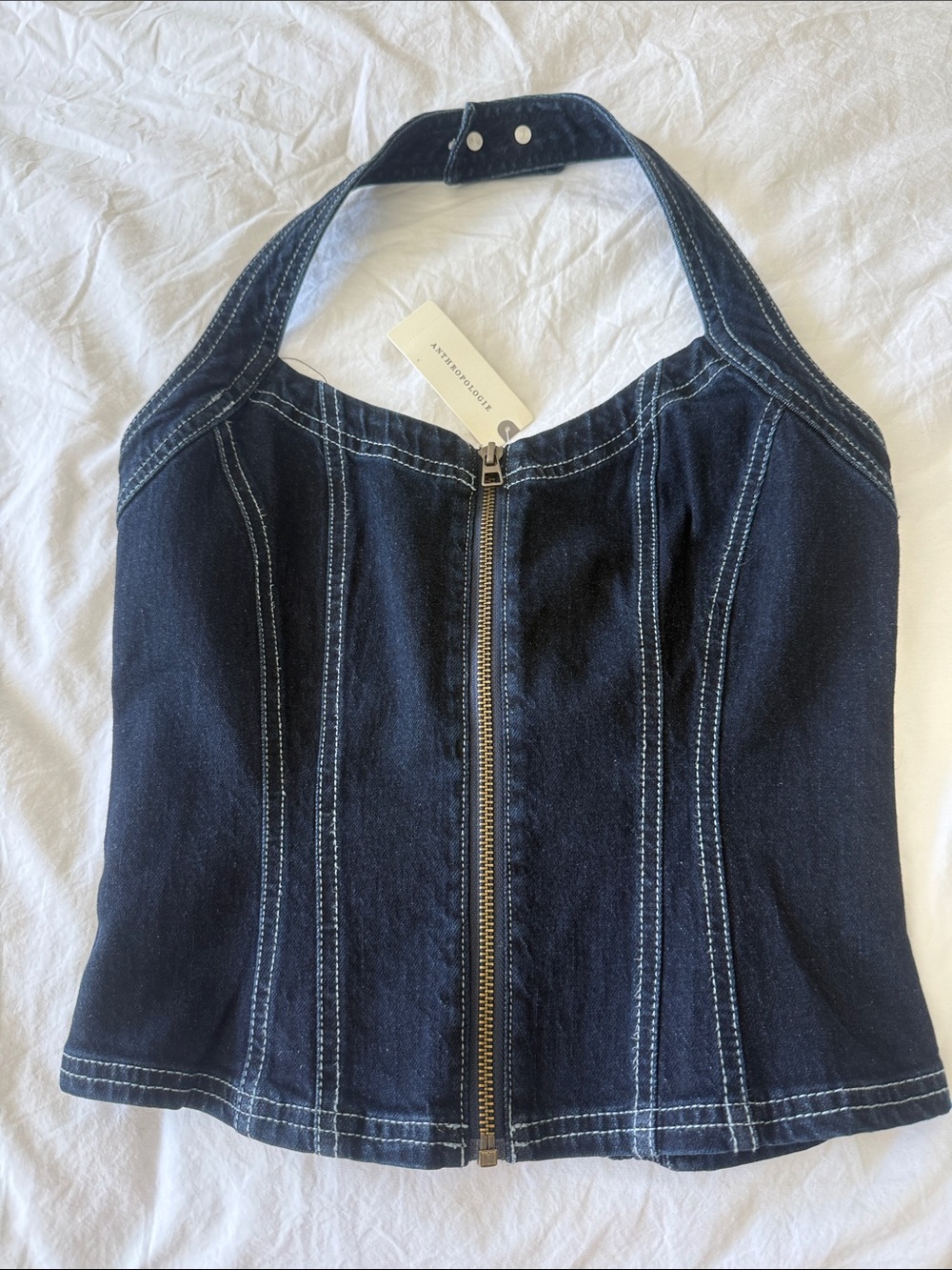 Anthropologie Indigo Denim Halter Zip Front Crop Top